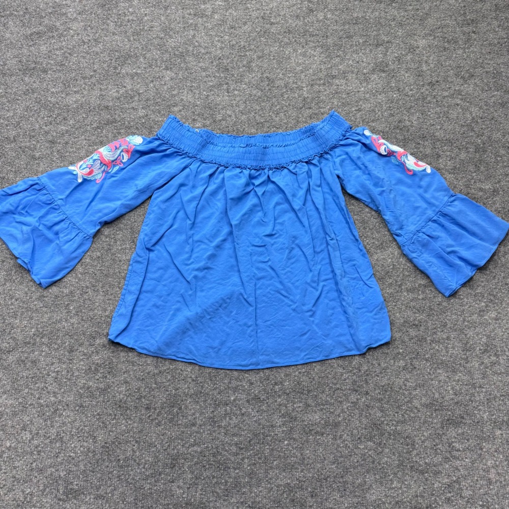 Lilly Pulitzer Womens XS Blue Embroidered Off The Shoulder Bell Sleeve Top